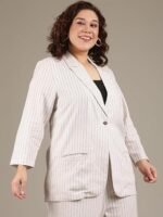 Women's Plus Size White Pine Striped Linen Formal Blazer (Blazer 003 WHTSTRP) - Image 2