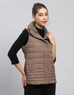 Womens Solid Brown Collar Sleeveless Jacket - Image 2