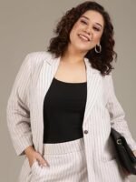 Women's Plus Size White Pine Striped Linen Formal Blazer (Blazer 003 WHTSTRP) - Image 3
