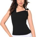 Women's Light Blue Ribbed Asymmetric Ring Detail Sleeveless Top