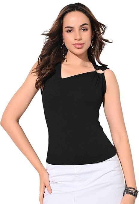 x1-2-3.jpg Women's Light Blue Ribbed Asymmetric Ring Detail Sleeveless Top - Image 1