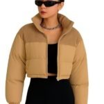 Women's Cropped Puffer Jacket, Khaki Winter Coat with High Neck, Quilted Insulation, Long Sleeve