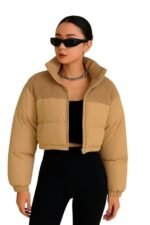 Women's Cropped Puffer Jacket, Khaki Winter Coat with High Neck, Quilted Insulation, Long Sleeve