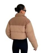 Women's Cropped Puffer Jacket, Khaki Winter Coat with High Neck, Quilted Insulation, Long Sleeve - Image 2