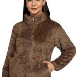 Women’s Fluffy Yarn Fleece Full-Zip Jacket | Soft Lightweight Warm Outerwear with Stand Collar & Piping at Hem & Cuffs