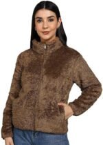 Women’s Fluffy Yarn Fleece Full-Zip Jacket | Soft Lightweight Warm Outerwear with Stand Collar & Piping at Hem & Cuffs