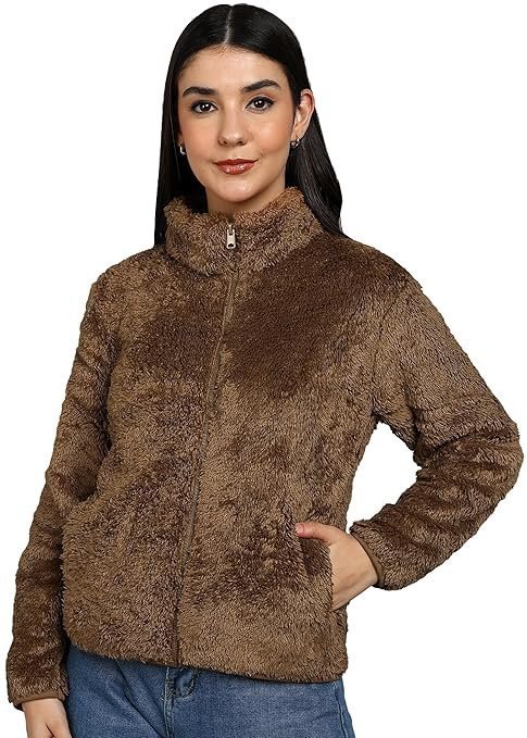 yy1-3-2.jpg Women’s Fluffy Yarn Fleece Full-Zip Jacket | Soft Lightweight Warm Outerwear with Stand Collar & Piping at Hem & Cuffs - Image 1