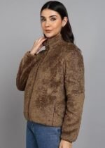 Women’s Fluffy Yarn Fleece Full-Zip Jacket | Soft Lightweight Warm Outerwear with Stand Collar & Piping at Hem & Cuffs - Image 4