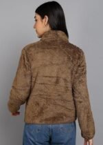 Women’s Fluffy Yarn Fleece Full-Zip Jacket | Soft Lightweight Warm Outerwear with Stand Collar & Piping at Hem & Cuffs - Image 2