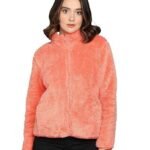 Women’s Fluffy Yarn Fleece Full-Zip Jacket | Soft Lightweight Warm Outerwear with Stand Collar & Piping at Hem & Cuffs