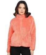 Women’s Fluffy Yarn Fleece Full-Zip Jacket | Soft Lightweight Warm Outerwear with Stand Collar & Piping at Hem & Cuffs