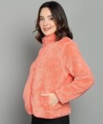 Women’s Fluffy Yarn Fleece Full-Zip Jacket | Soft Lightweight Warm Outerwear with Stand Collar & Piping at Hem & Cuffs - Image 5