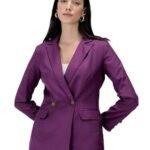Women's Solid Polyester Double Breasted Blazer with Button Closure - Full Sleeve, Notch Lapel Collar, Viscose-Suiting Fabric, Core Collection, Made in India Purple