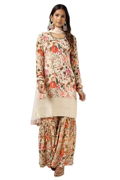 bbb1.jpg Womens Chinon Floral Print Suit Set With Mirror And Cutdana - Image 1
