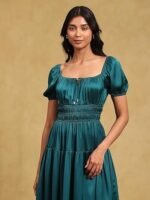 Teal Solid Satin Dress - Image 4