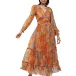 Orange Floral Print Long Dress with Tiers