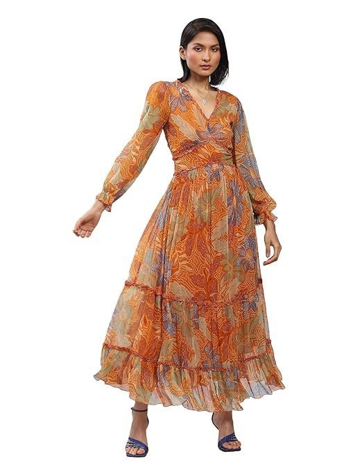 q1-2.jpg Orange Floral Print Long Dress with Tiers - Image 1