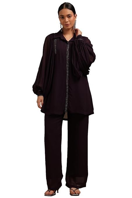 rr1-1.jpg Womens Georgette Solid Co-Ord Set With Mukaish Work - Image 1