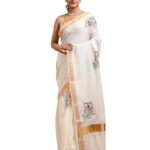 Women's White Kerala Cotton Saree with Owl Design Hand Embroidery and Zari Border