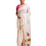 Women's Kerala Cotton Saree with Rose Design Hand Embroidery and Zari Border